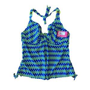 Curvy Kate 38F Shockwave Halterneck Tankini Top Electric Shock Blue Green NWT